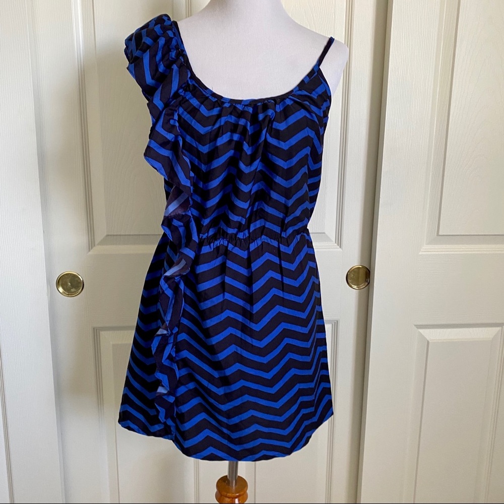 Envy Me Cobalt Blue‎ Black Zigzag Chevron One Shoulder Ruffle Mini Dress Sz L
